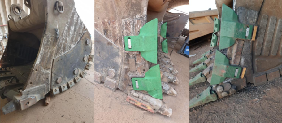 Conversion of a mining bucket with Esco lip and shroud systems